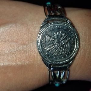 Indian Head Coin Silver Bracelet w Turquiose